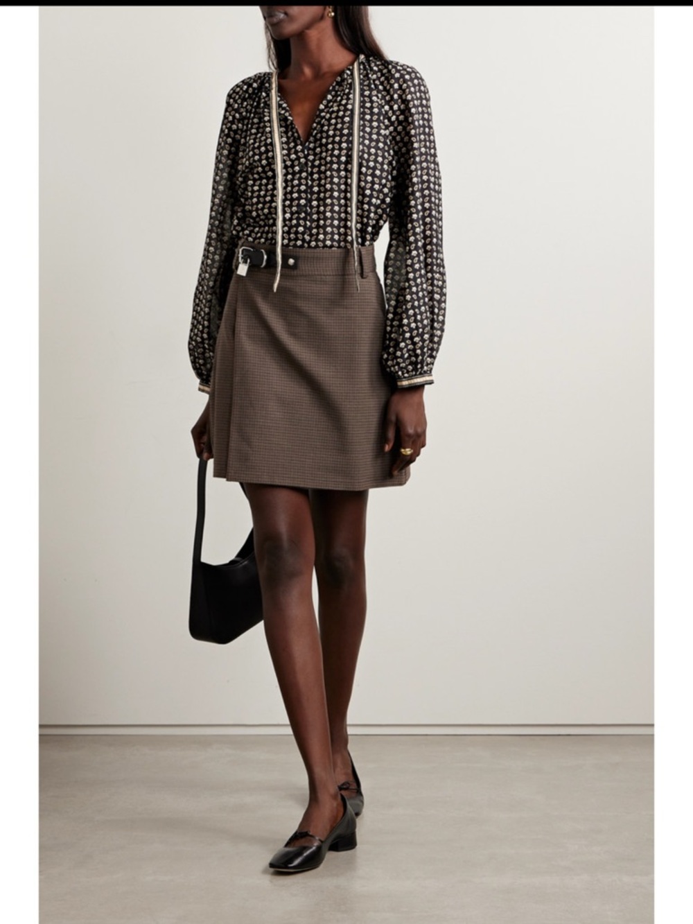 Doen Black with Cream Accents Tie-Neck Peasant Blouse